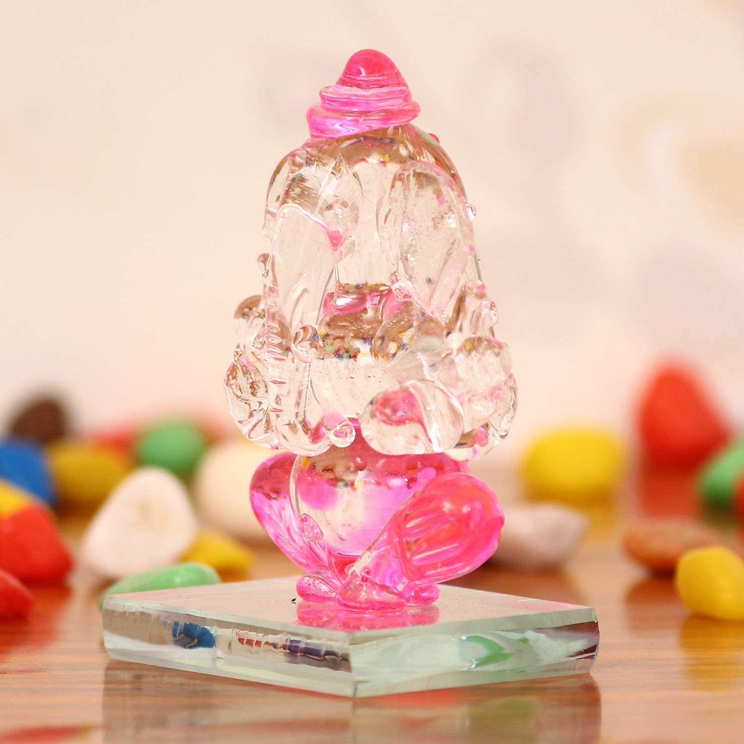 Ecraftindia Pink And Transparent Double Sided Crystal Car Ganesha Showpiece
